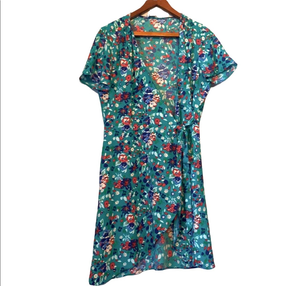 J Crew Turquoise and Floral Print Wrap Dress